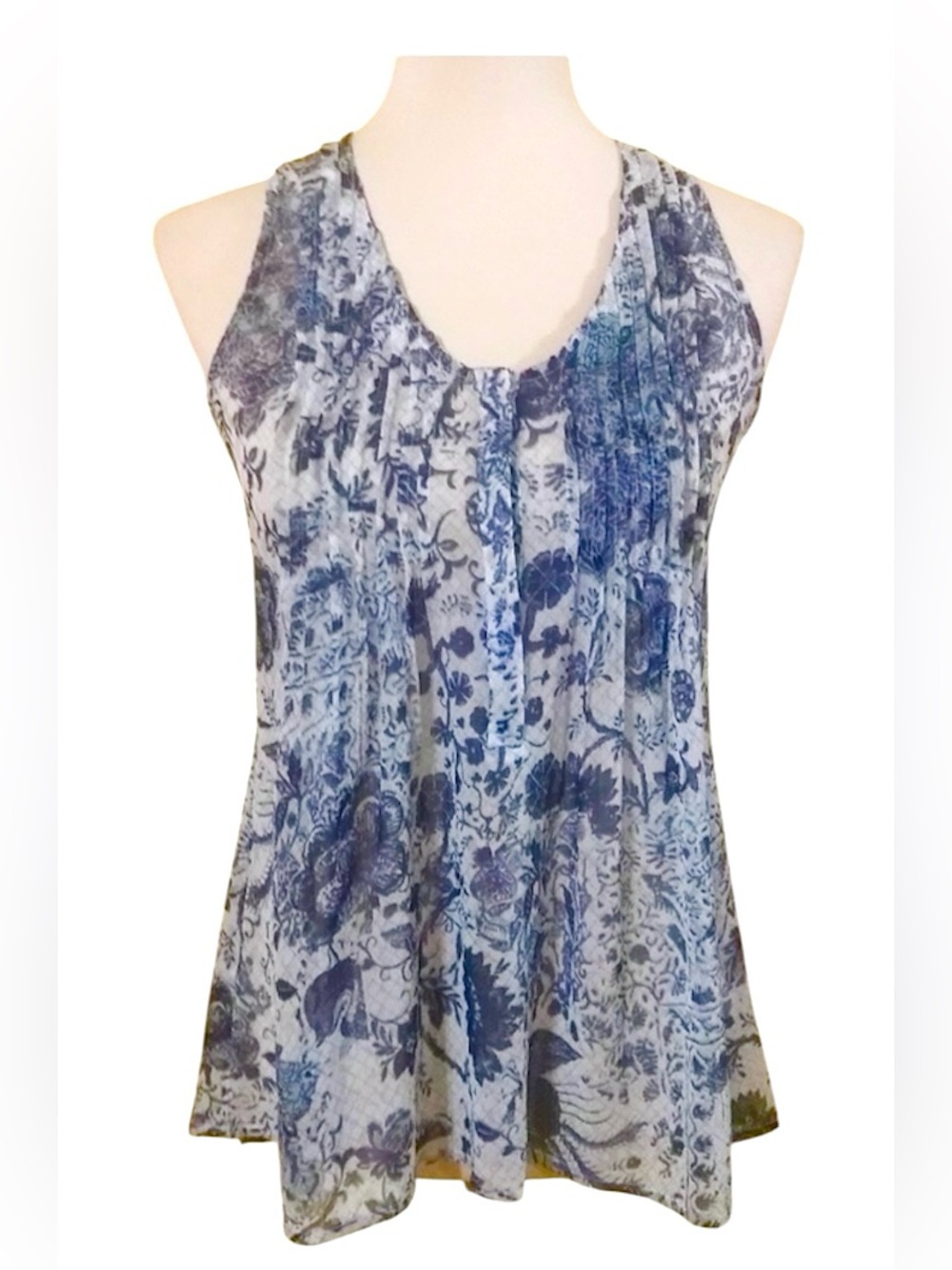 Pin-tuck front floral sheer hi-low tank top